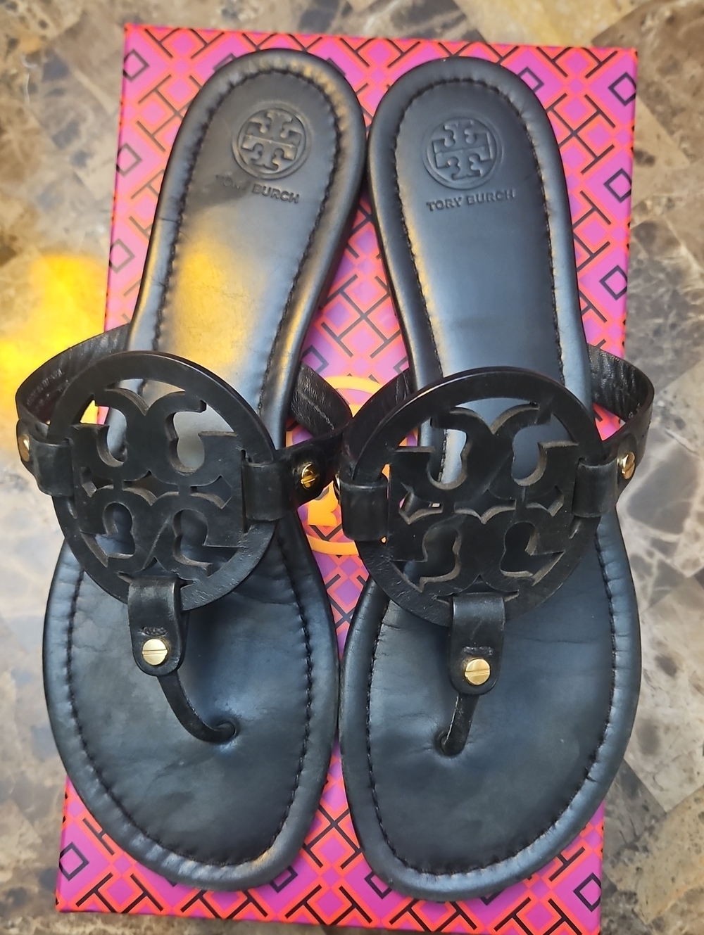 Tory Burch Black Logo Thong Sandals with Gold Accents